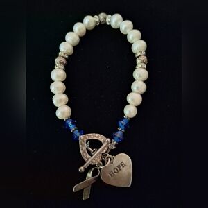 Survivors Faux Pearl Bracelet Sterling Breast Cancer Ribbon Hope Heart Charm